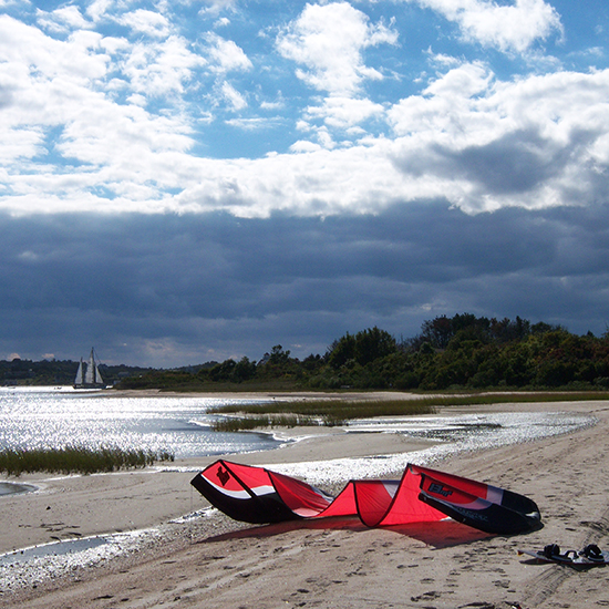 George I. Pare's first 2007 13m Ozone Instinct Sport kite on the beach on Block Island.  _True Progression Kiteboarding